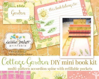 DIY Accordion Spine Mini Book Kit, garden or recipe theme,finished 4 7/8"x6 1/8", editable, removable 3x5 cards, 2 envelopes, Cottage Garden