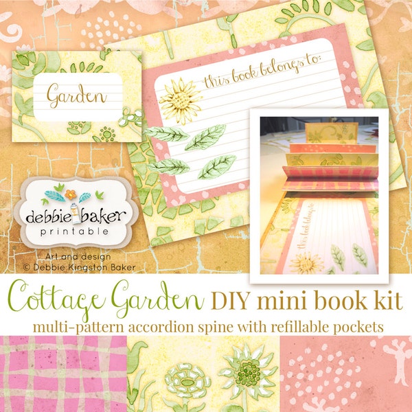 DIY Accordion Spine Mini Book Kit, garden or recipe theme,finished 4 7/8"x6 1/8", editable, removable 3x5 cards, 2 envelopes, Cottage Garden