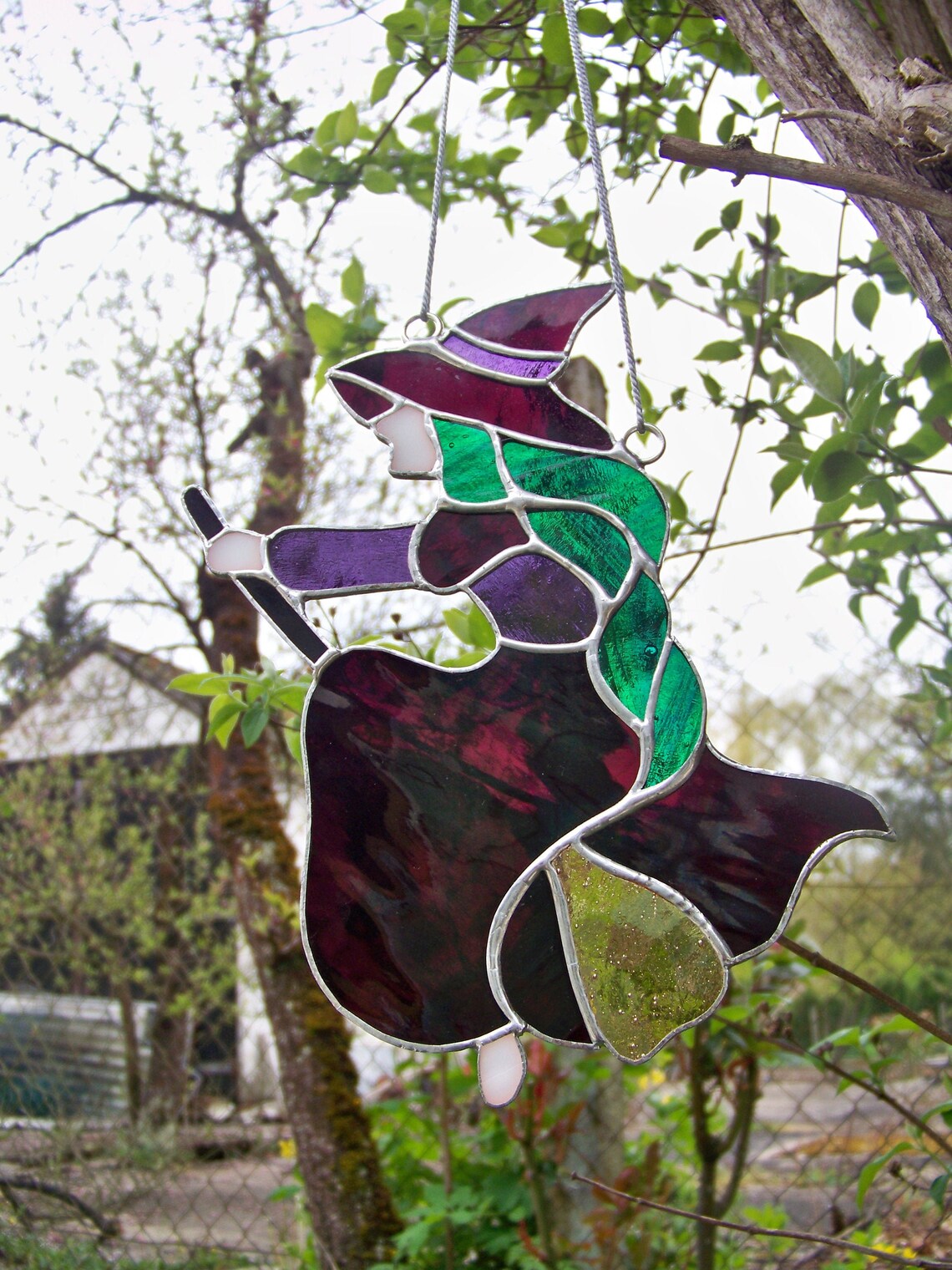 Flying Witch in Stained glass Halloween Folklore Decoration | Etsy