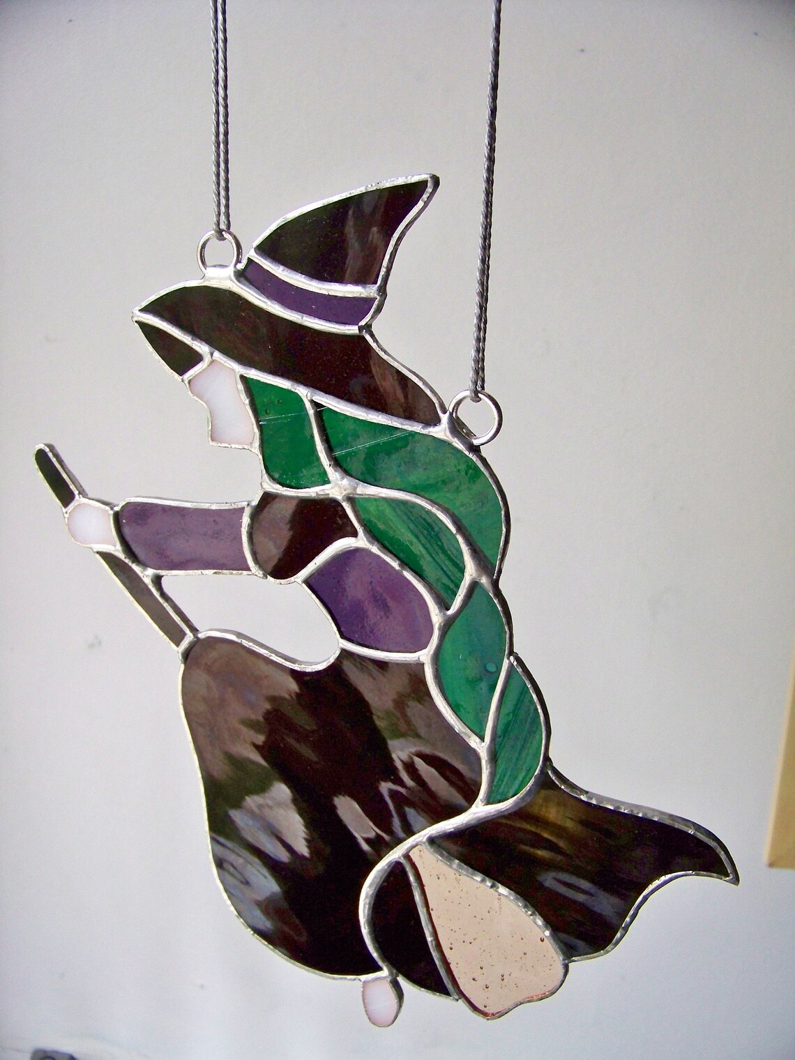 Flying Witch in Stained Glass Halloween Folklore Decoration Etsy