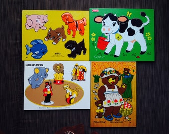 PUZZLE, Wood, Frame Tray, Fisher Price, Playskool, Sifo, Pets, 3 Bears, Mickey Mouse, Snoopy, Lamb Chop, Get Along Gang, Circus, Lion, Clown