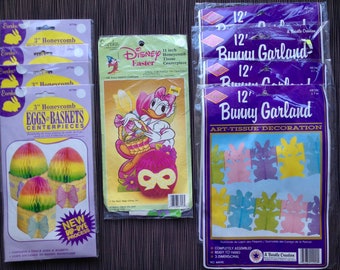 Easter Honeycomb, Eggs & Baskets Center[oeces, Tissue Paper Bunny Garland, Disney Daisy Duck, Eureka, Beistle, New Old Stock, UNOPENED, Vtg.