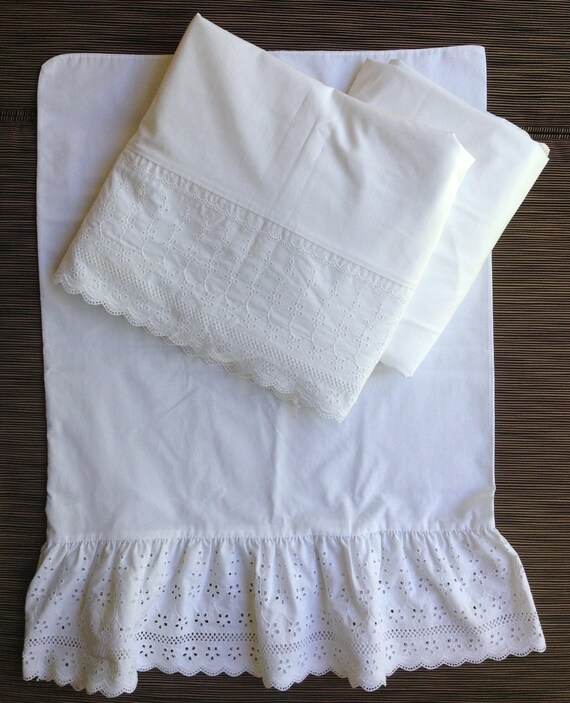 White Eyelet Bedding Tablecloth Valance Linens Full Double Set Twin Single Shams Sheets Cottage Chic Ruffle French Country