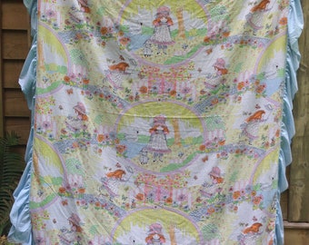 Girl Bedspreads, 2  Matching, Twin / Single Bed Size, Red Hair Little Girl with Cats, Dogs, Butterflies, Birds, 1960's? "70's??, Blue Ruffle