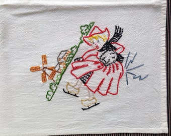 Dutch Girl, Embroidery 7 Tea Towels Set, Hand Embroidered, Yoke & Buckets,Windmill, Ice Skating, Birthday Cake, Flowers, Broom, Sweeping