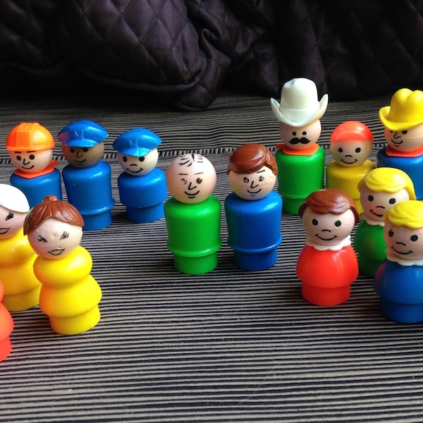 Fisher Price Little People, Pan Hat, Teacher, Taxi Driver, Postal Worker, Woman, Girl, Boy, Dad, Mom, Man, Plastic, Wood