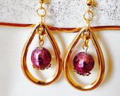 Gold Teardrop Dangle Earrings,Murano Glass Drop Earrings,Purple Venetian Earrings,Silver Foil Earrings,Gold Earrings,Purple Earrings