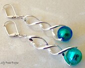 Dangle Earrings,Venetian Glass Earrings,Aquamarine Drop Earrings,Gold Foil Lined Earrings,Blue Earrings,Green Earrings,Shiny Spiral Bails