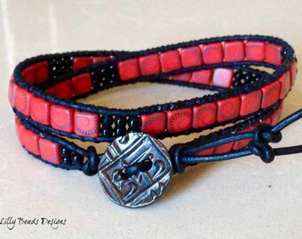 rectangular glass beads on pewter leather boho gypsy bohemian stained glass tile wrap ruby red beaded leather wrap bracelet
