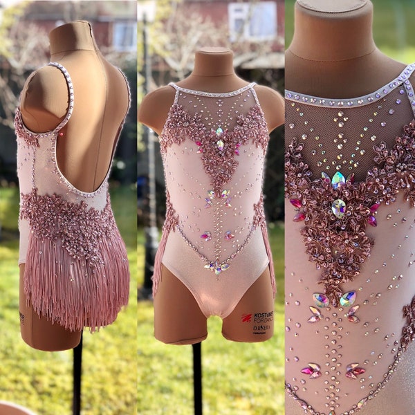 Rose Gold Tassel Stretch Modern Sassy Broadway Jazz Dance Costume Girl’s Dance Figure Skating Tango Ballroom Latin Costume Ready To Ship