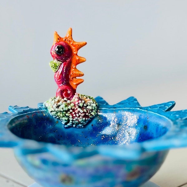 ceramic bowl with seahorse on coral handmade art bowl gift for home decor, wedding,  anniversary birthday OOAK hand sculpted clay bowl