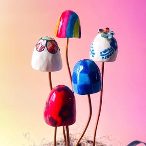Handmade Pottery Mushrooms on Copper Stems: Garden Decor, Set of 5