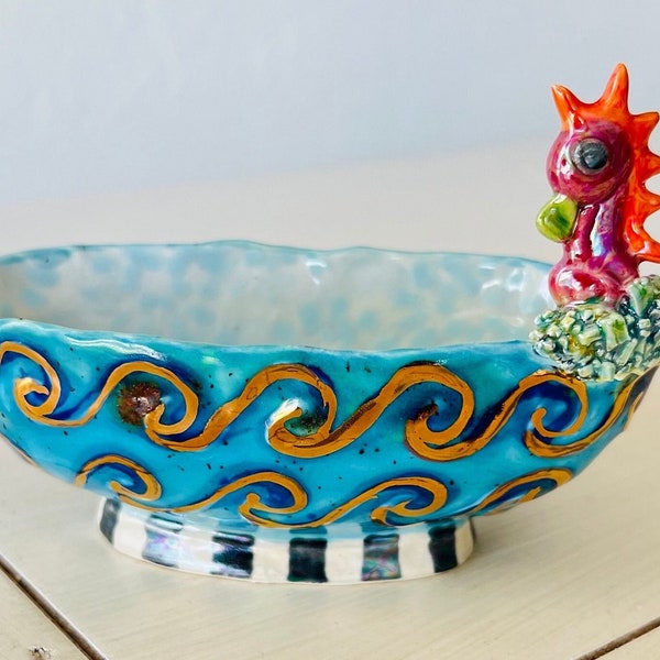 handmade ceramic dish with sculpted seahorse gift for her home decor, birthday, anniversary, wedding, luster and gold fired OOAK gift.