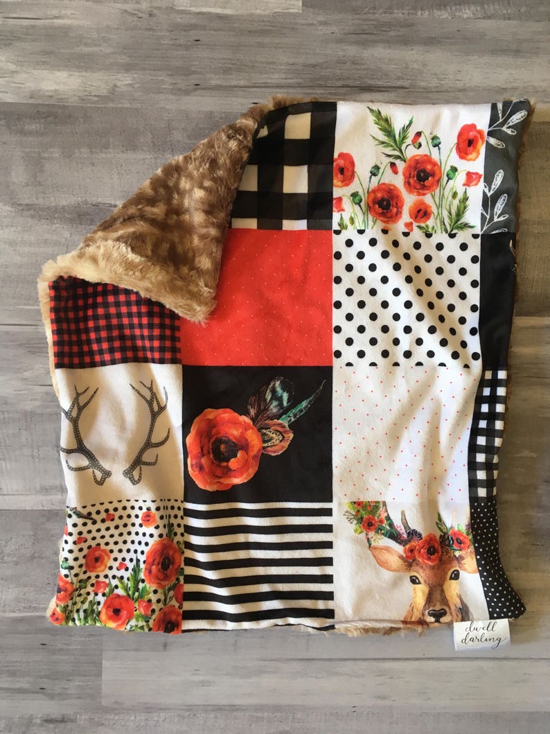 Floral buffalo check lovey security blanket faux fawn Baby Etsy