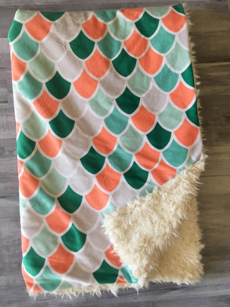florals mermaid nursery coral modern shower gift double minky Mermaid Minky Baby Blanket- coral mint mermaid scales