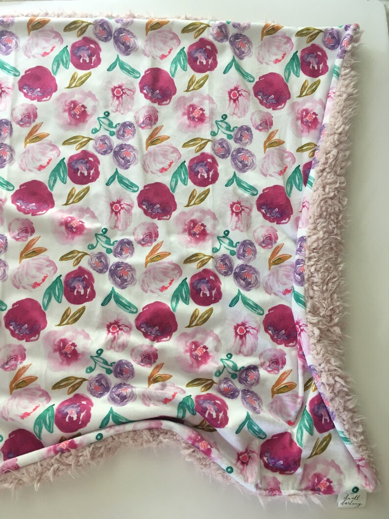Floral Minky Baby Blanket- pink purple floral nursery jewel tone floral blush pink modern shower gift double minky florals