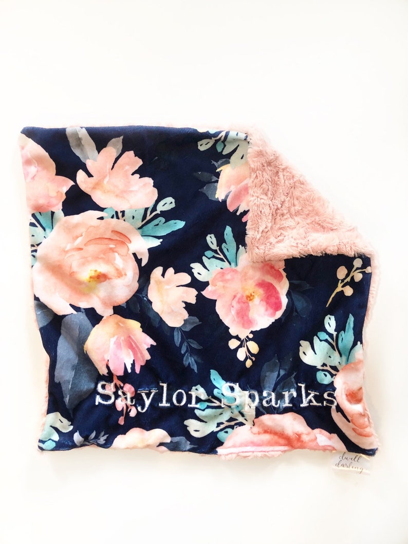 floral nursery girl baby shower gift toddler security Floral lovey security blanket Navy peach coral floral lovey navy floral minky