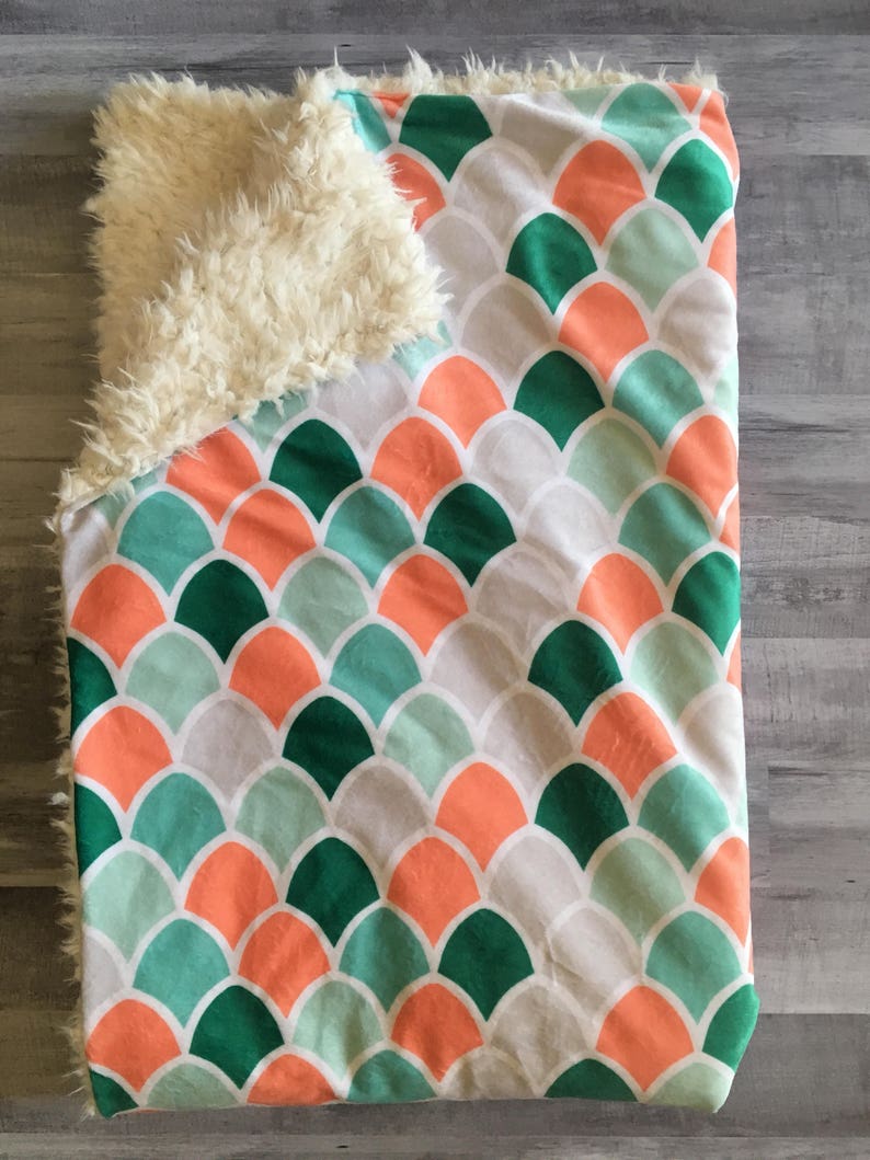 florals mermaid nursery coral modern shower gift double minky Mermaid Minky Baby Blanket- coral mint mermaid scales