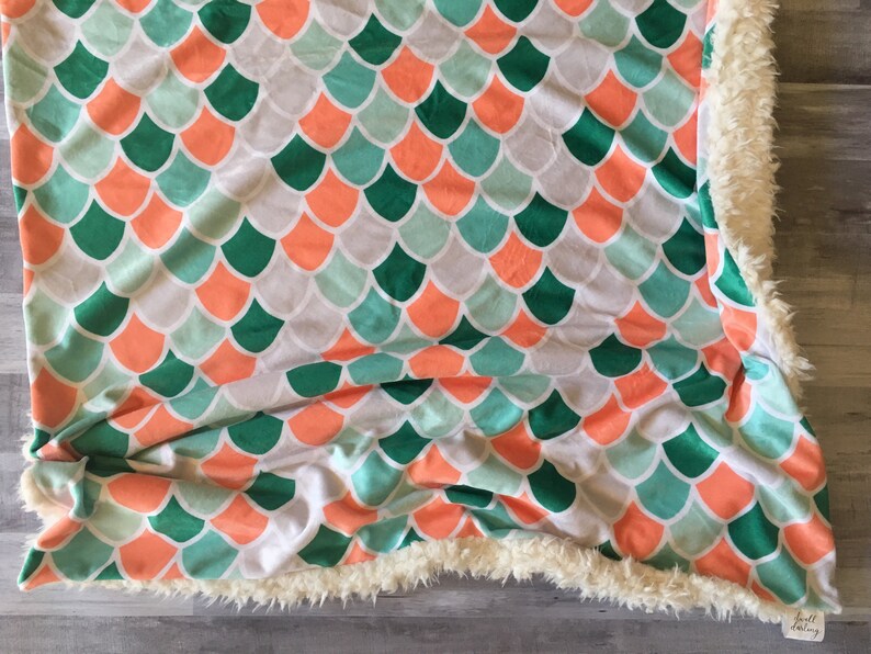 florals mermaid nursery coral modern shower gift double minky Mermaid Minky Baby Blanket- coral mint mermaid scales
