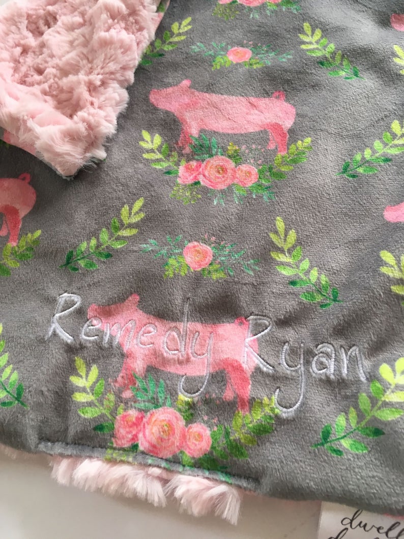 floral baby blanket nursery modern baby shower toddler lovey pig room decor Pig lovey security blanket floral blanket