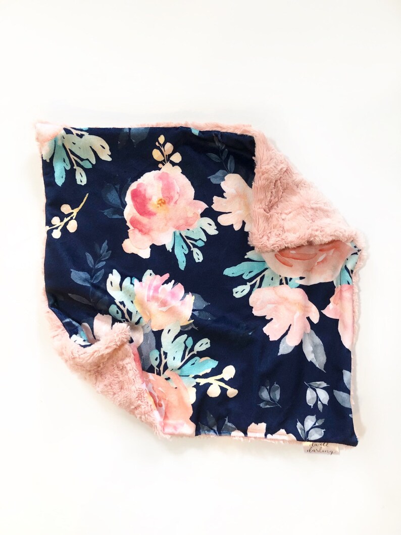 floral nursery girl baby shower gift toddler security Floral lovey security blanket Navy peach coral floral lovey navy floral minky