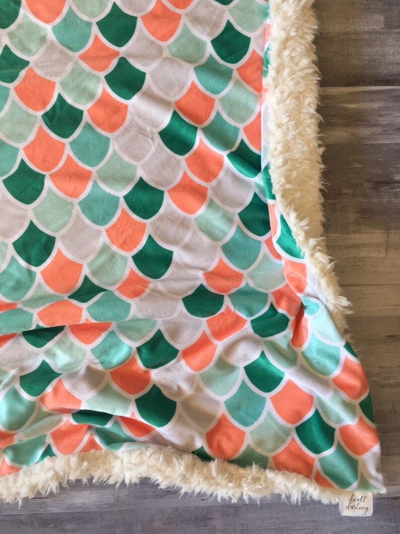 florals mermaid nursery coral modern shower gift double minky Mermaid Minky Baby Blanket- coral mint mermaid scales