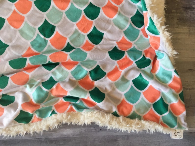 florals mermaid nursery coral modern shower gift double minky Mermaid Minky Baby Blanket- coral mint mermaid scales