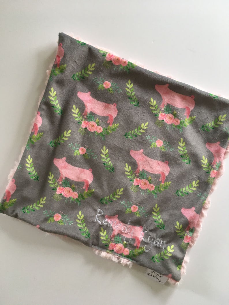 floral baby blanket nursery modern baby shower toddler lovey pig room decor Pig lovey security blanket floral blanket