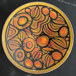 Pottery by Poole England- 10.5&quot; abstract warm technicolor and geometric hand painted dish. - collectable.
