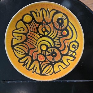 Pottery by Poole England- 10.5&quot; abstract warm technicolor and geometric hand painted dish. - collectable.