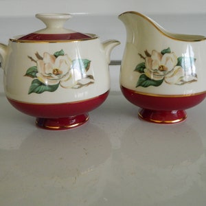 Homer Laughlin burgundy maroon magnolia creamer and sugar / Cavalier Eggshell / mid century cream and sugar bowl