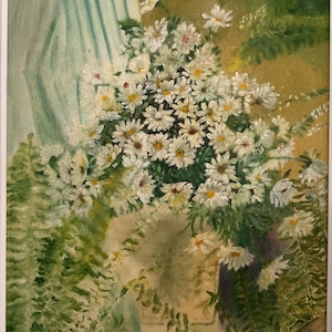 Daisies painting framed retro amateur oil painting of daisies and ferns in white frame retro flower power cottage core