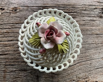 Bassano Italy white ceramic open rope weave porcelain basket bowl with pink rose lid mid century cottage core