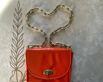 Orange vinyl purse with gold chain handle Dover Handbag Co USA 60s 70s retro smaller orange purse