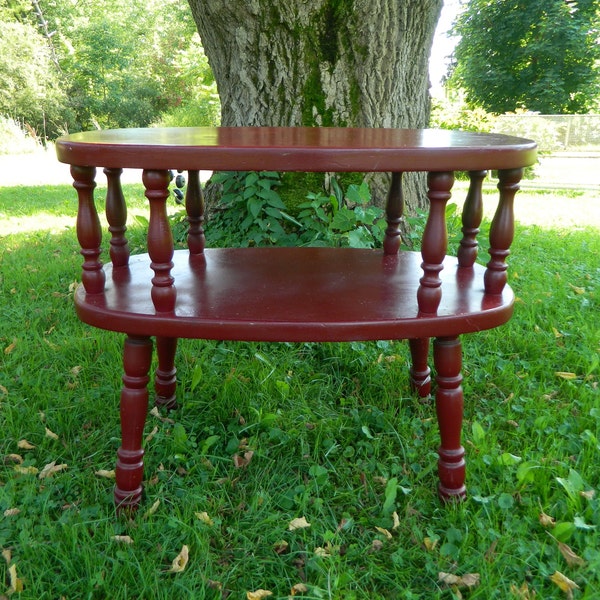 Red accent table  2 tier vintage colonial style turned legs spindles red painted wood end table coffee table chunky table plant stand table