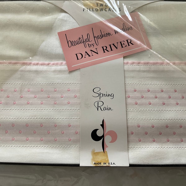 Dan River pair vtg  muslin pillowcases white pink / boxed set cotton pillowcases Dan River Spring Rain pattern