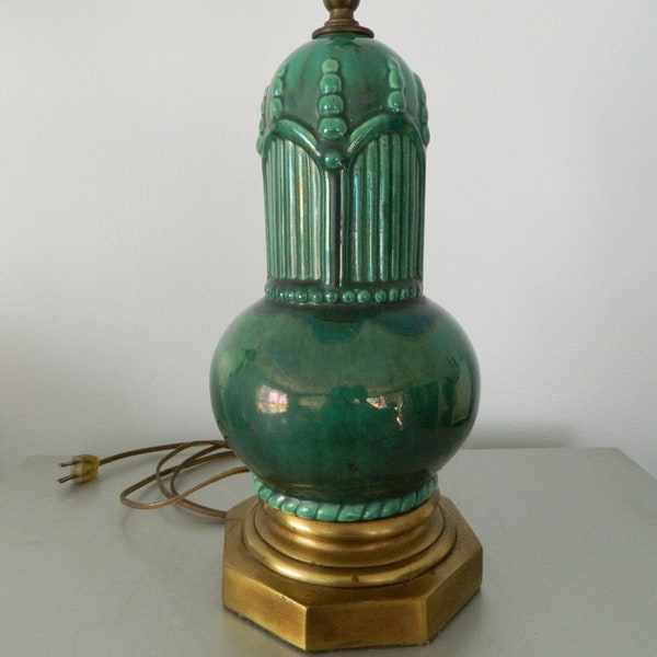 Mid century green ceramic table lamp / art deco table lamp