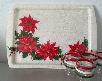 Vtg Christmas tray poinsettia berries and holly Christmas tray with gold specks mid century Christmas tray kitsch retro
