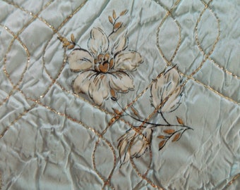 Light blue twin 40s-50s era bedspread quilted top floral taffeta skirt metallic thread Hollywood glam