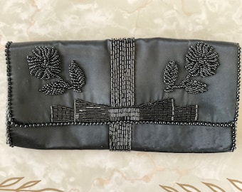 Black satin beaded clutch purse La Regale Products Japan / flowers and bow beaded decoration