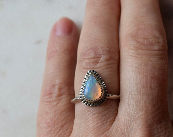 Opal Solitaire Ring Silver or 14k Gold Opal Pear Alternative Engagement Ring Welo Opal Wedding Rings Bohemian Unique Rings Hand stamped Ring