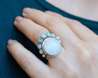 Aunimeifly Ladies Boho Silver Natural Gemstone Marquise Moonstone Personalized Ring Engagement Jewelry Gift 