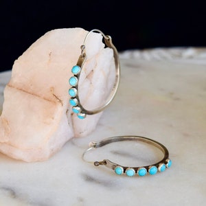 Turquoise Hoop Earring, Sterling Silver Hoops with Turquoise, Everyday Earrings, Boho Jewelry, Natural Gemstone Earring, Birthstone Earrings