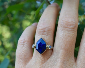 Lapis Lazuli Ring Gold and Silver, Lapis Moonstone Ring, Hexagon Ring, Blue Stone Ring, Natural Stone Jewelry, Alternative Wedding Ring