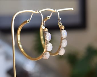 Moonstone Hoop Earring, Gold Hoop Earring, Sterling Silver Hoop Earrings, Everyday Earrings, Boho Jewelry Natural Gemstone Statement Earring