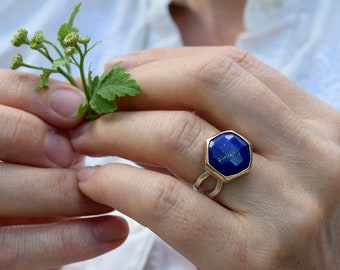 Lapis Lazuli Gold Silver Ring Lapis Statement Ring Hexagon Ring Boho Gold Ring Eco Jewelry Blue Stone Ring Natural Stone Ring Minimal Ring