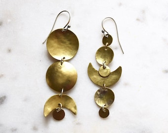 Moon Phases Earrings Brass Silver Celestial Boho Statement Large Earrings Big Earrings Circles Geometric Crescent Gifts for Her Mismatched