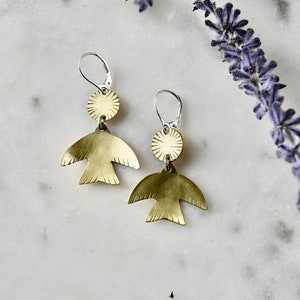 Bird Earrings Gold Bird Earring Silver Bird Earrings Swallow Earring Dove Earrings Bird and Sun Earring Folk Art Jewelry Gold Dangle Earring
