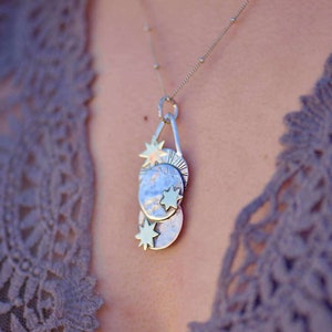 Silver Moon Necklace Opal Moonstone Celestial Jewelry Boho Moon Phase Stars Alignment Bronze Birthstone Recycled Gifts for Her Gemstone