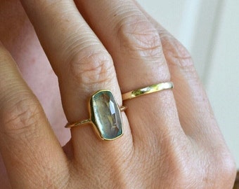 Aquamarine Ring Gold, Aquamarine Ring Silver, Kyanite Ring, March Birthstone Ring, Handmade Natural Gemstone Ring, Rectangle Rosecut Ring